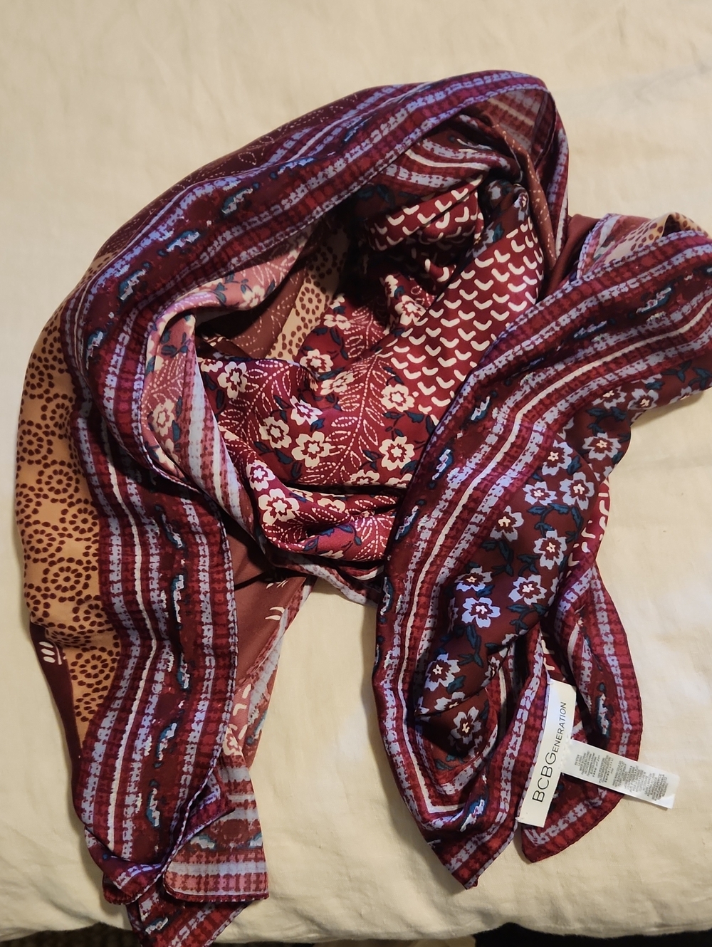 BCBGeneration Burgundy Floral & Stripe Mixed-Print Scarf